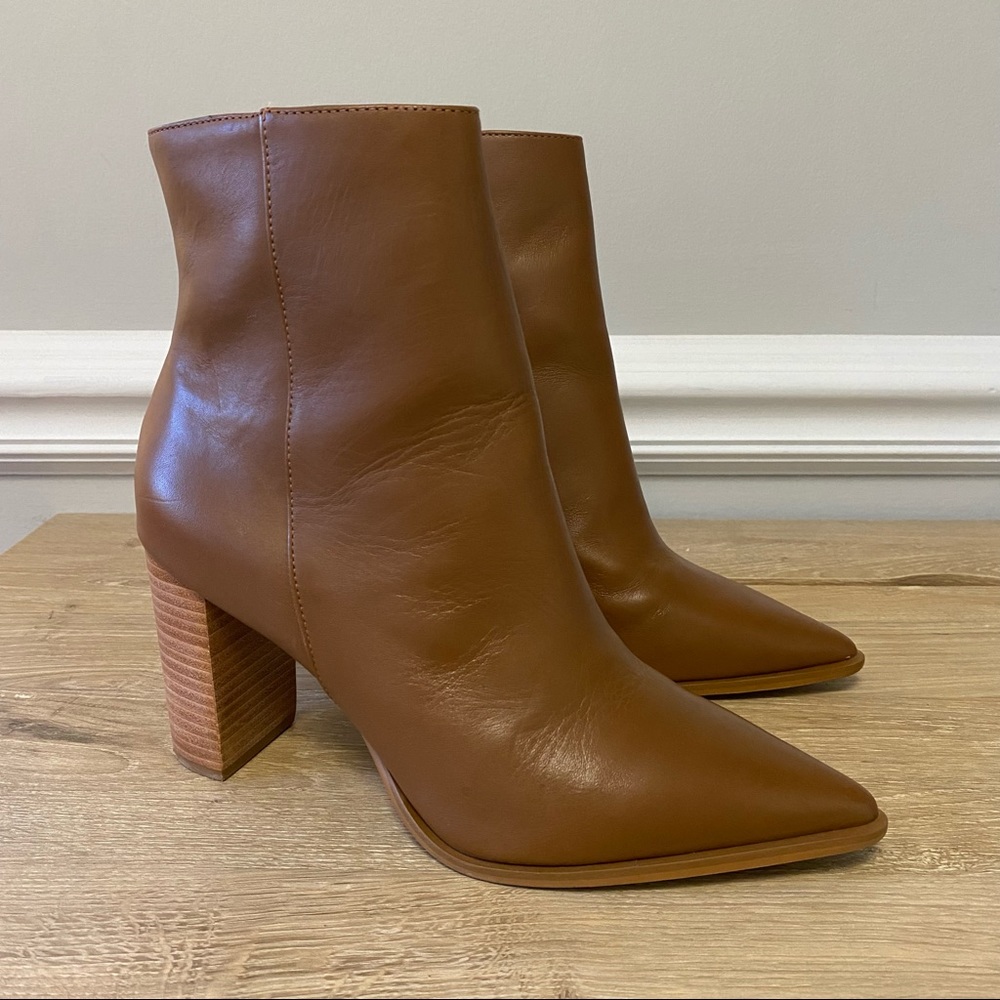 ABLE The Amber Boot Caramel Brown Pointed Toe Block Heels Ankle